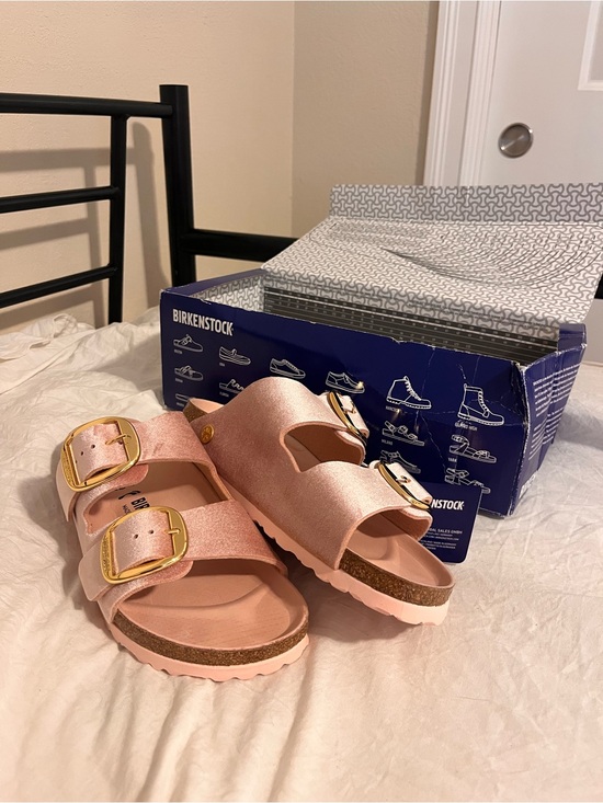 Birkenstock Shoes - Birkenstock woman’s Arizona Sandals in Light Pink with Gold Buckles